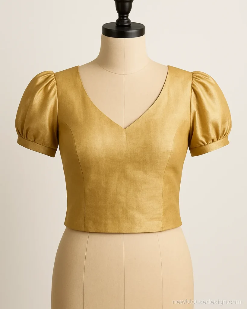 Gold tissue blouse for kasavu saree with short puff sleeves and V front