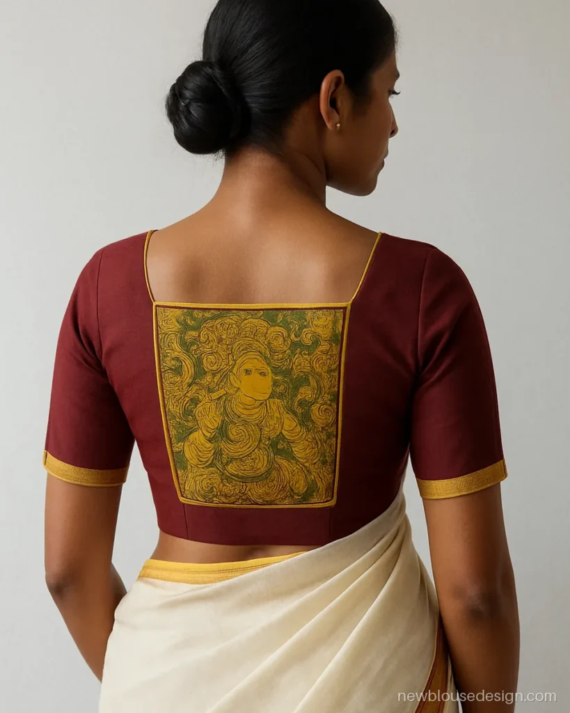Maroon blouse with Kerala mural print panel on the back and gold piping