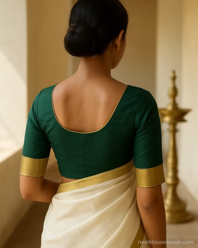 Kerala saree blouse design in bottle green with round back and kasavu border