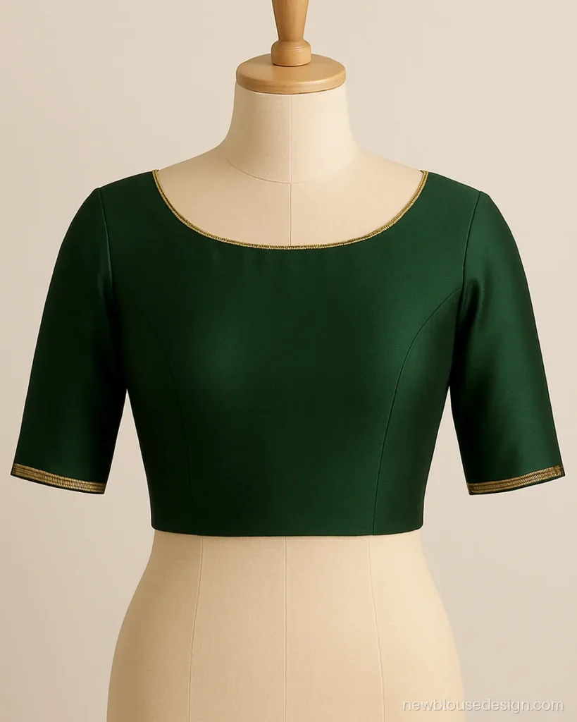 Mysore silk saree blouse design in green with boat neck and narrow zari edge