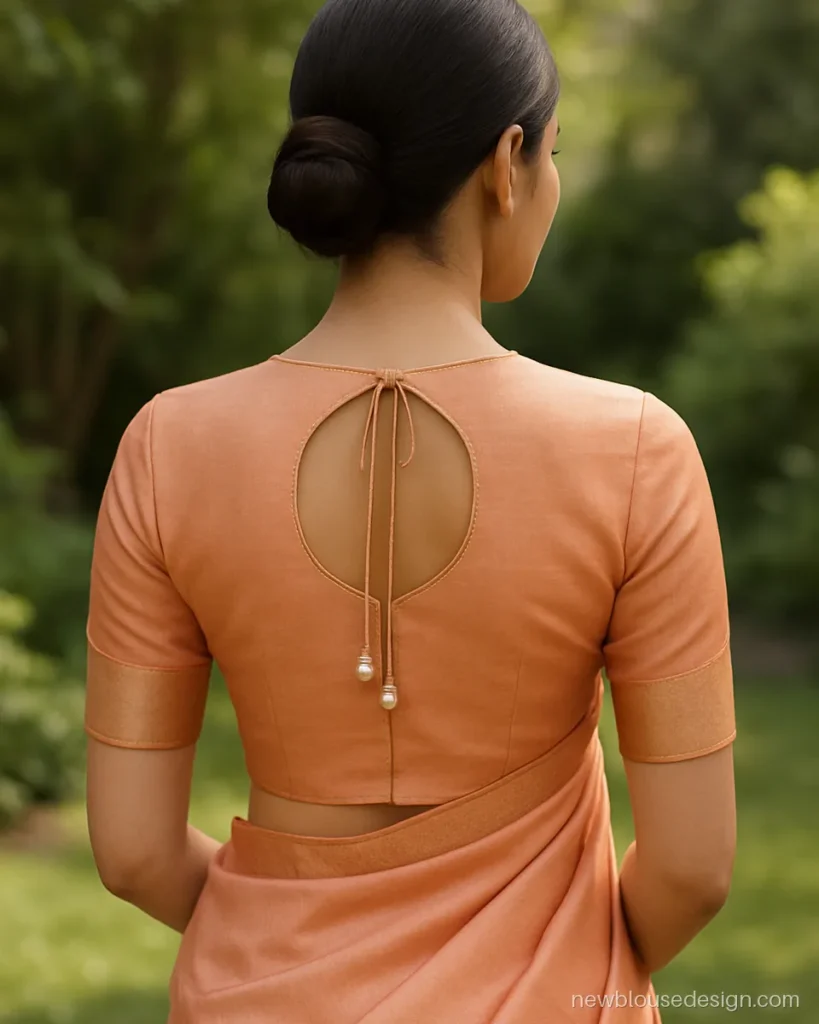 Peach Mysore silk blouse back with teardrop keyhole and pearl latkans