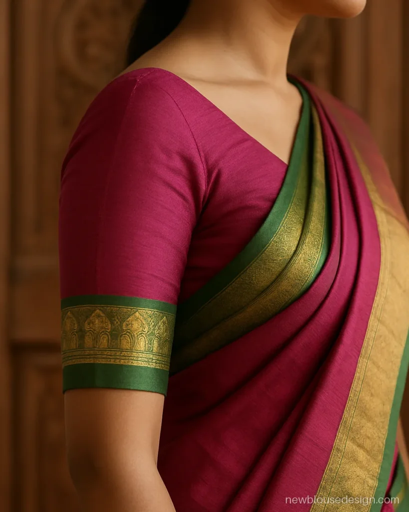 Kanjivaram blouse sleeves design with contrast pink silk and green border hem