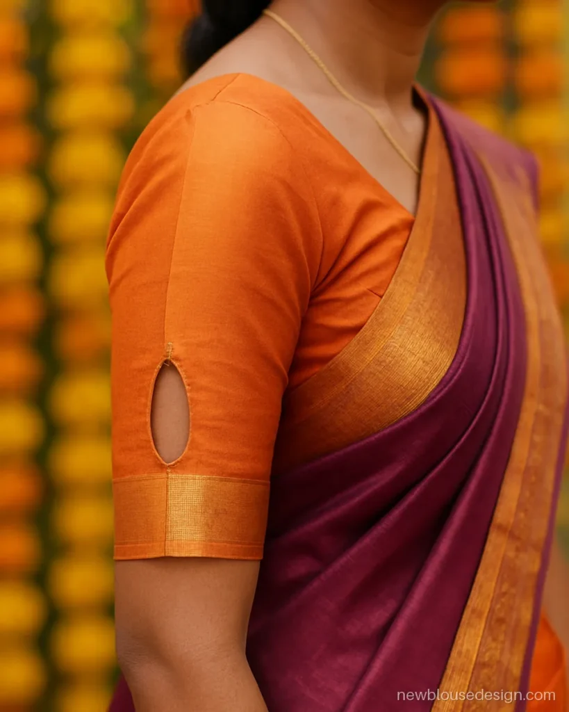 Orange pattu blouse sleeve with small cut out at the elbow and border