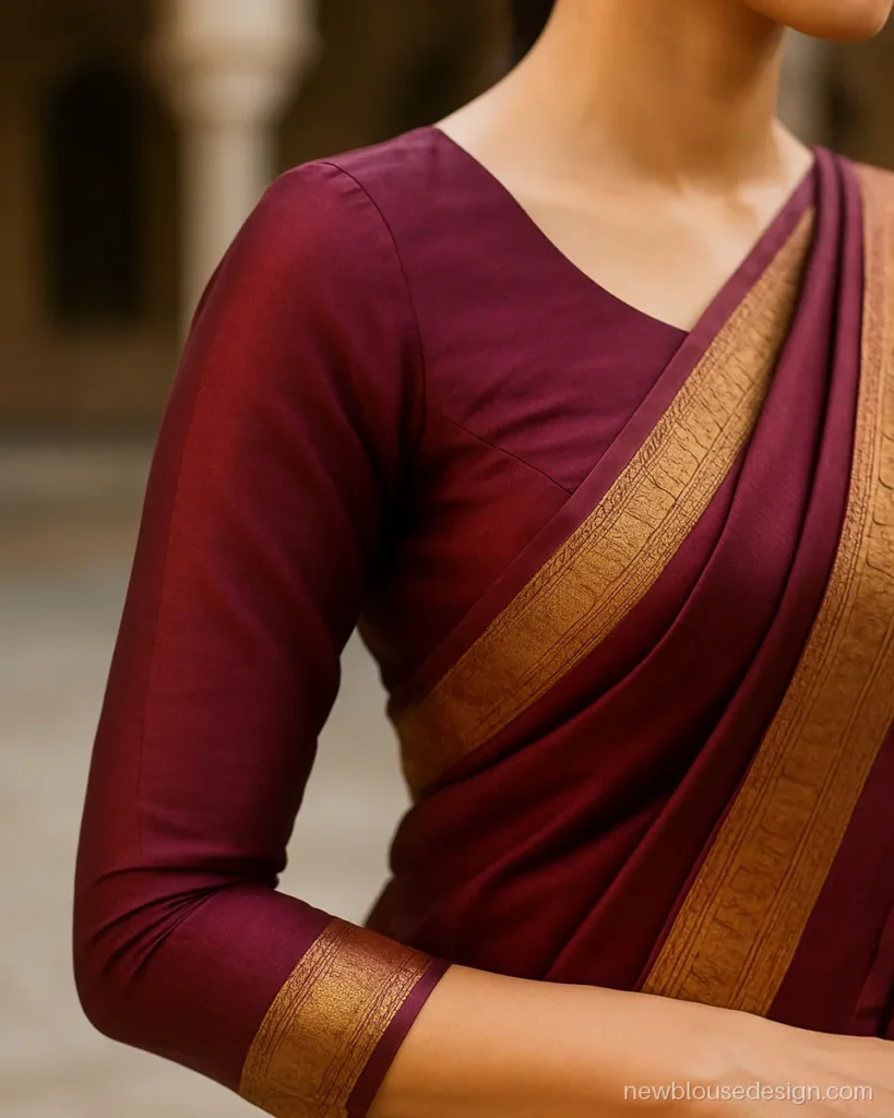Wine Kanjivaram blouse with full sleeves and wide gold border cuffs