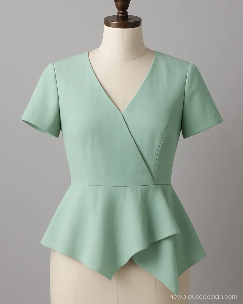 Mint georgette peplum blouse with asymmetric hem longer on one side