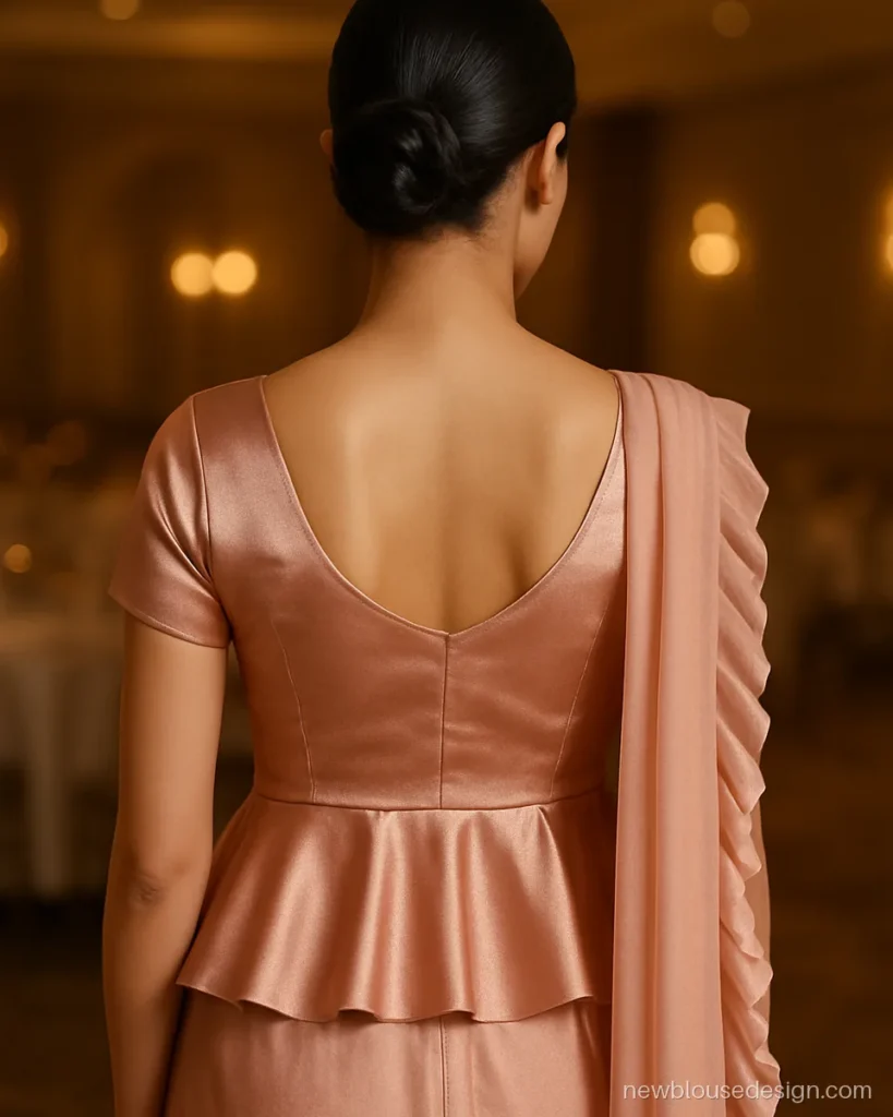 Peplum blouse back design in rose gold with flared hem and deep U neck