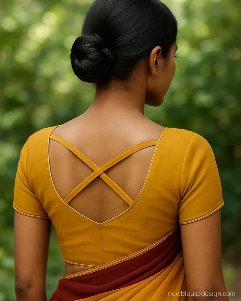 Mustard georgette blouse back photo with criss cross straps over a deep U opening