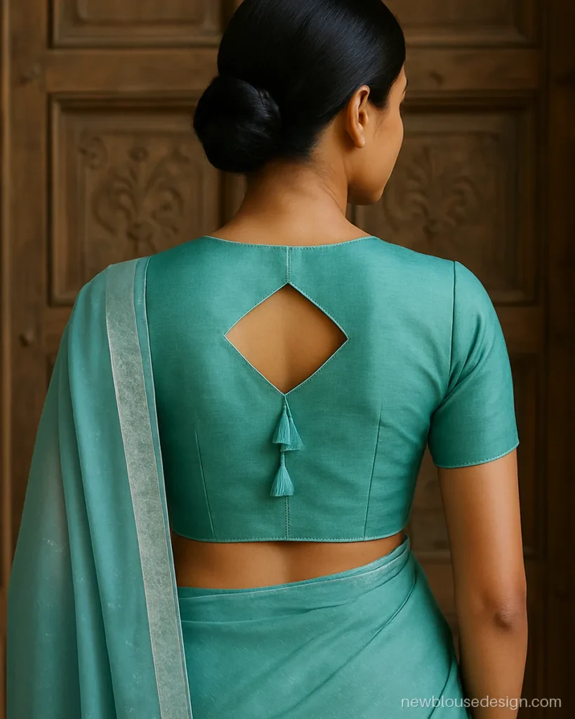 Blouse design photo of a sea green silk back with a diamond cut-out and tassels