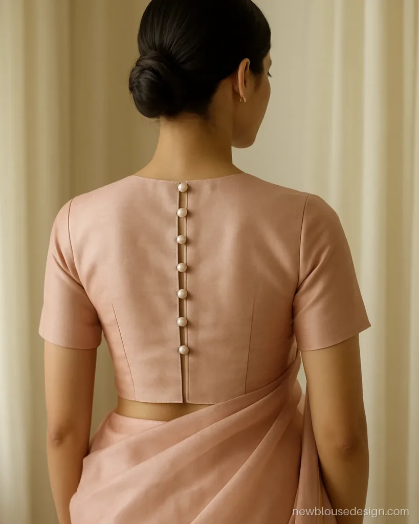 Blush pink silk blouse back with a high neck and a column of pearl buttons
