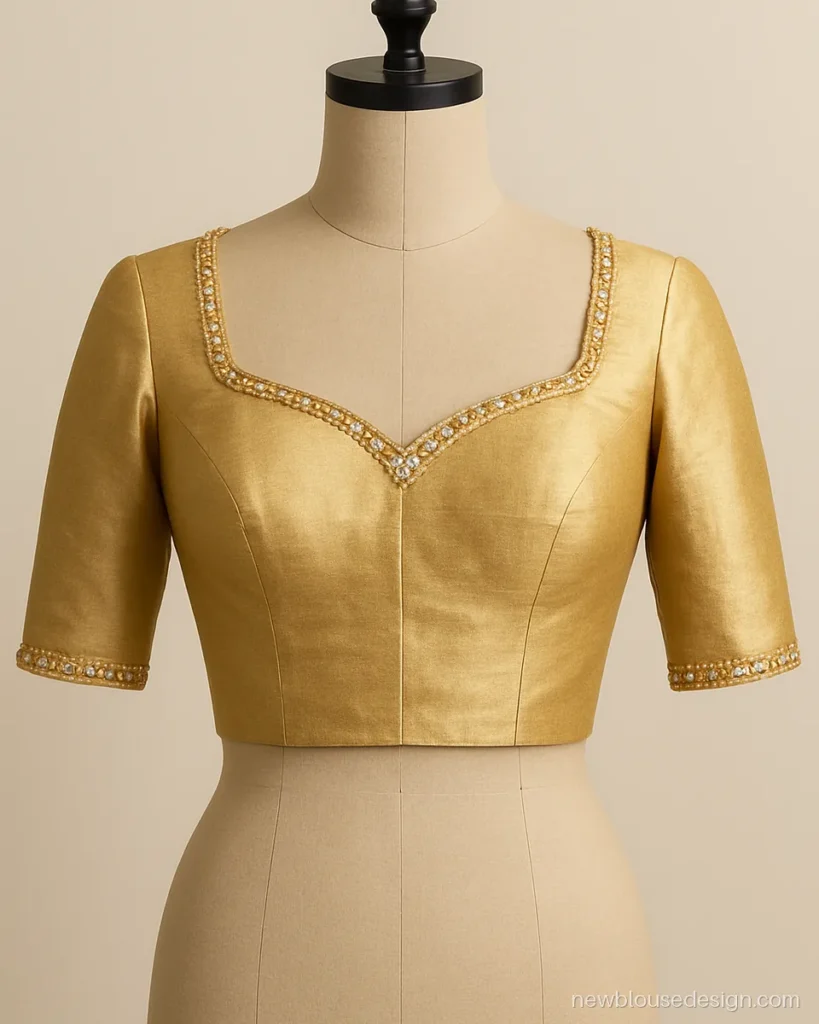 Gold tissue bridal blouse front with a sweetheart neck outlined in kundan