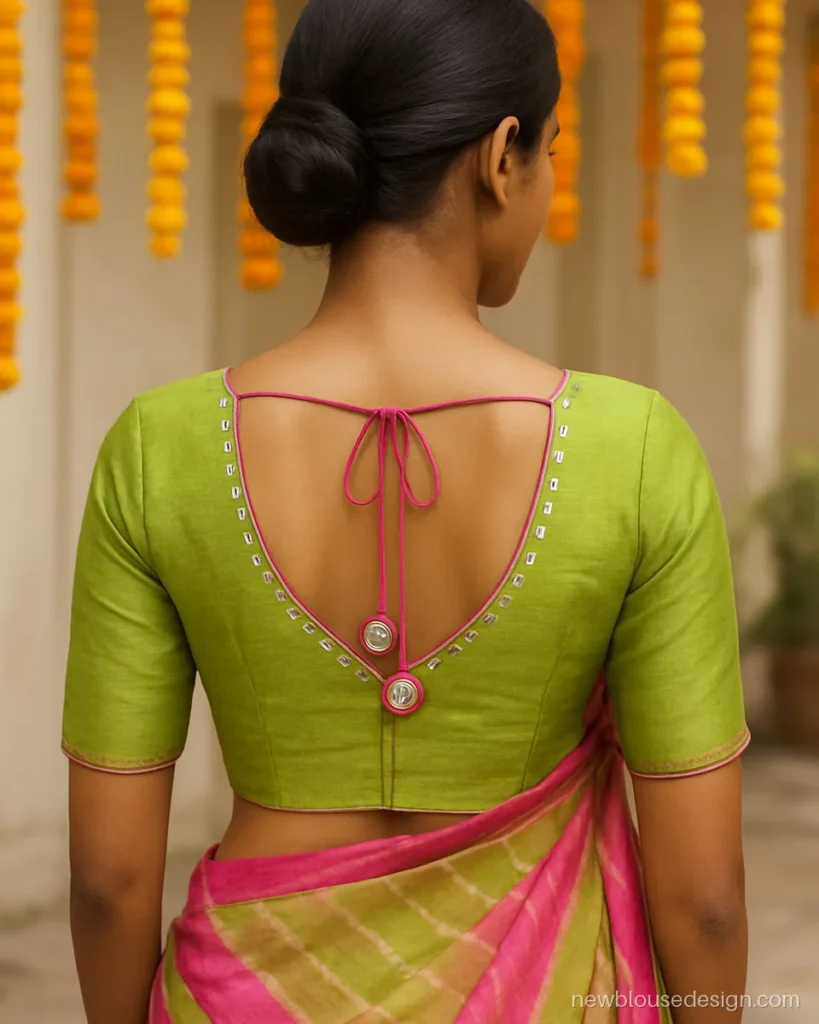 Green bridal mehendi blouse back with mirror work around a leaf shaped neck