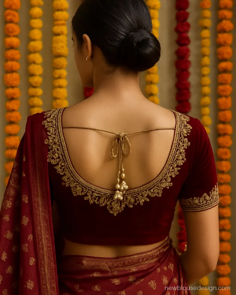 Maroon velvet bridal blouse back photo with zardozi work and a deep round neck