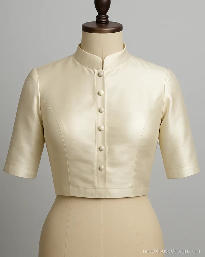Ivory silk blouse front photo with a high band collar and small front buttons