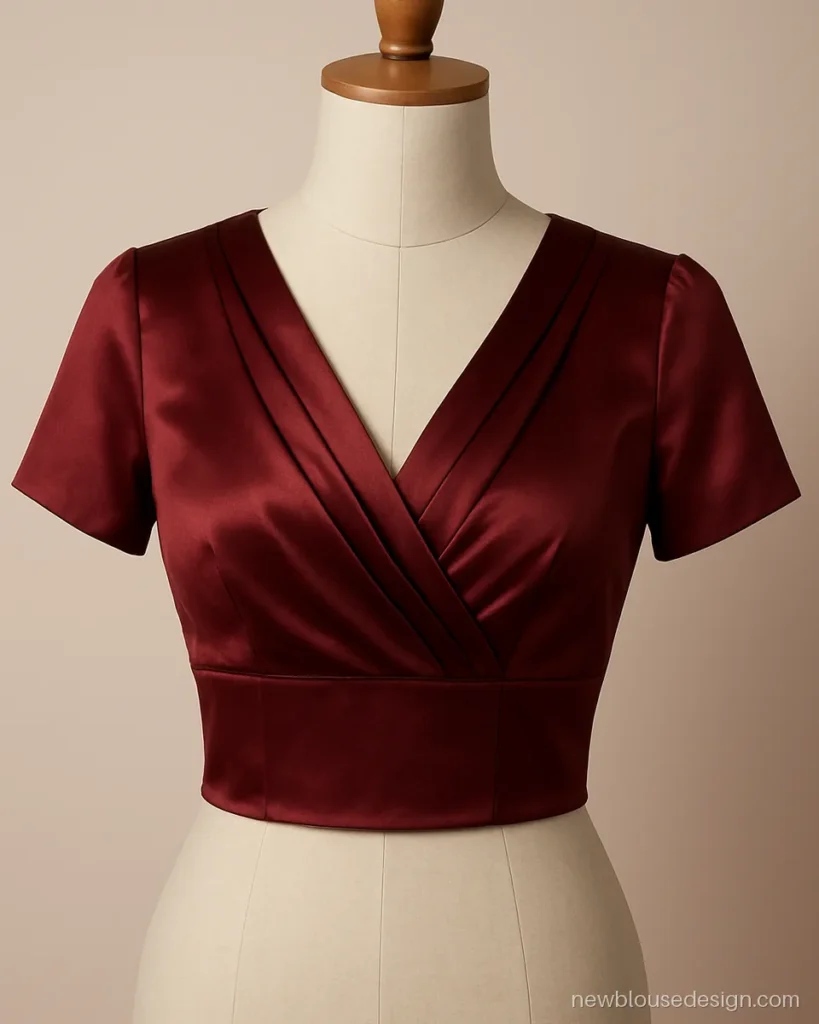 Wine satin blouse front with a V neck made of soft pleated overlap panels