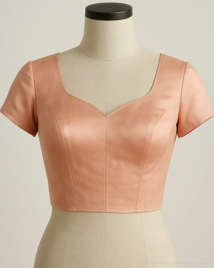 Peach cotton blouse front with princess cut seams and a sweetheart neck