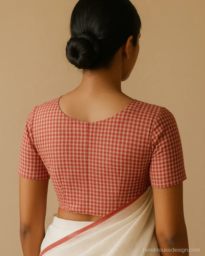 Simple blouse back photo in red and white check cotton with a round neck