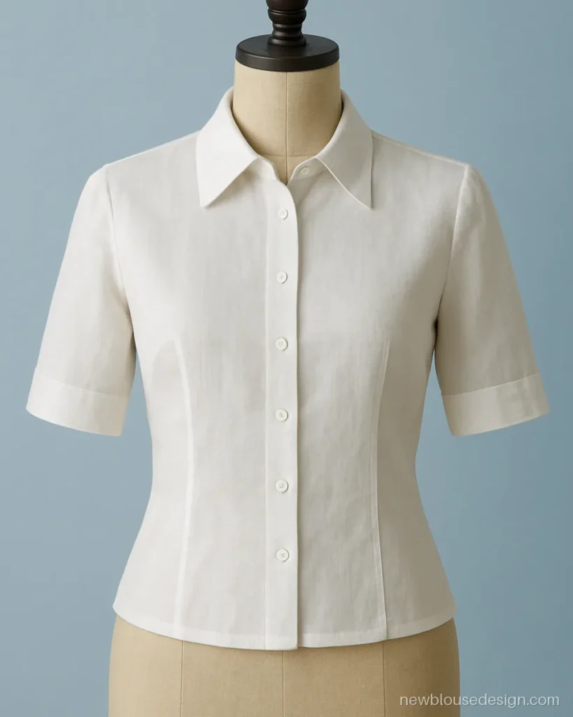 White cotton blouse front with a small shirt collar and elbow sleeves