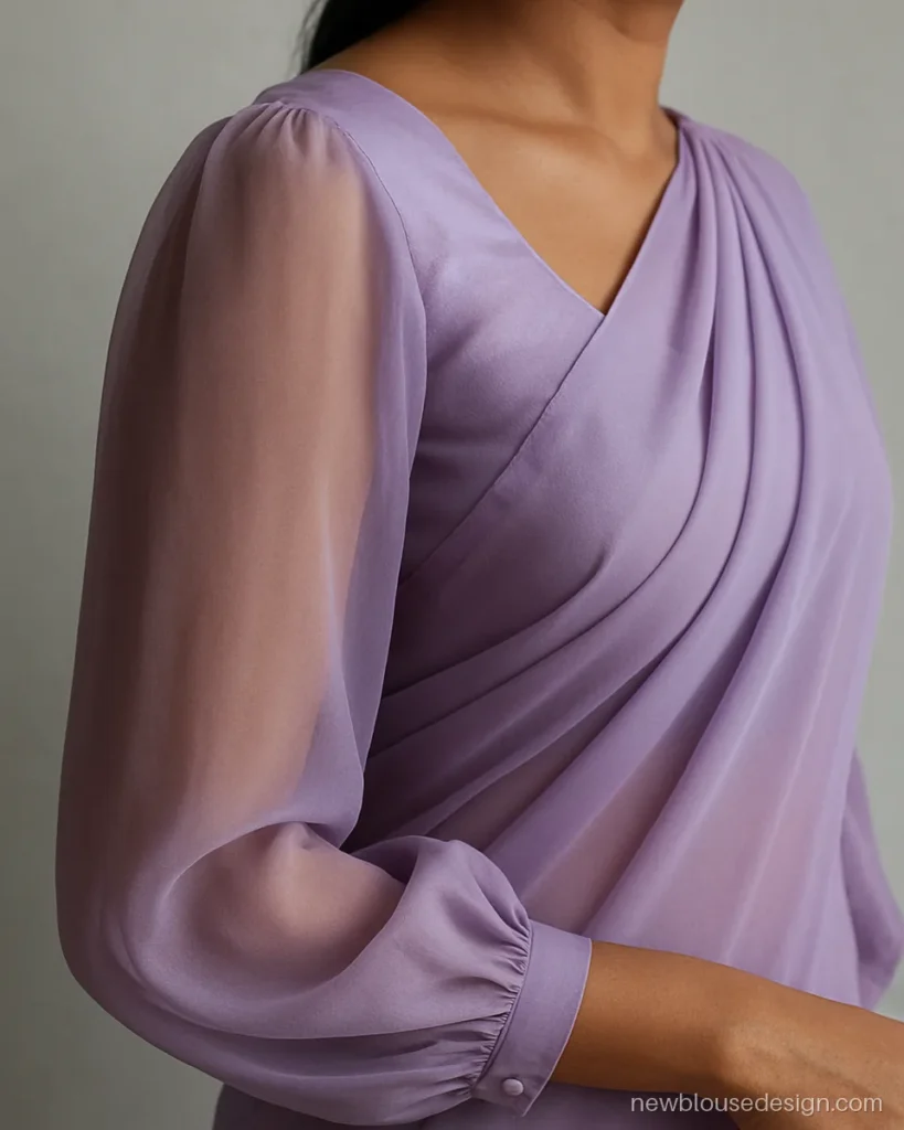 Lavender blouse with sheer chiffon bishop sleeves gathered at the wrist
