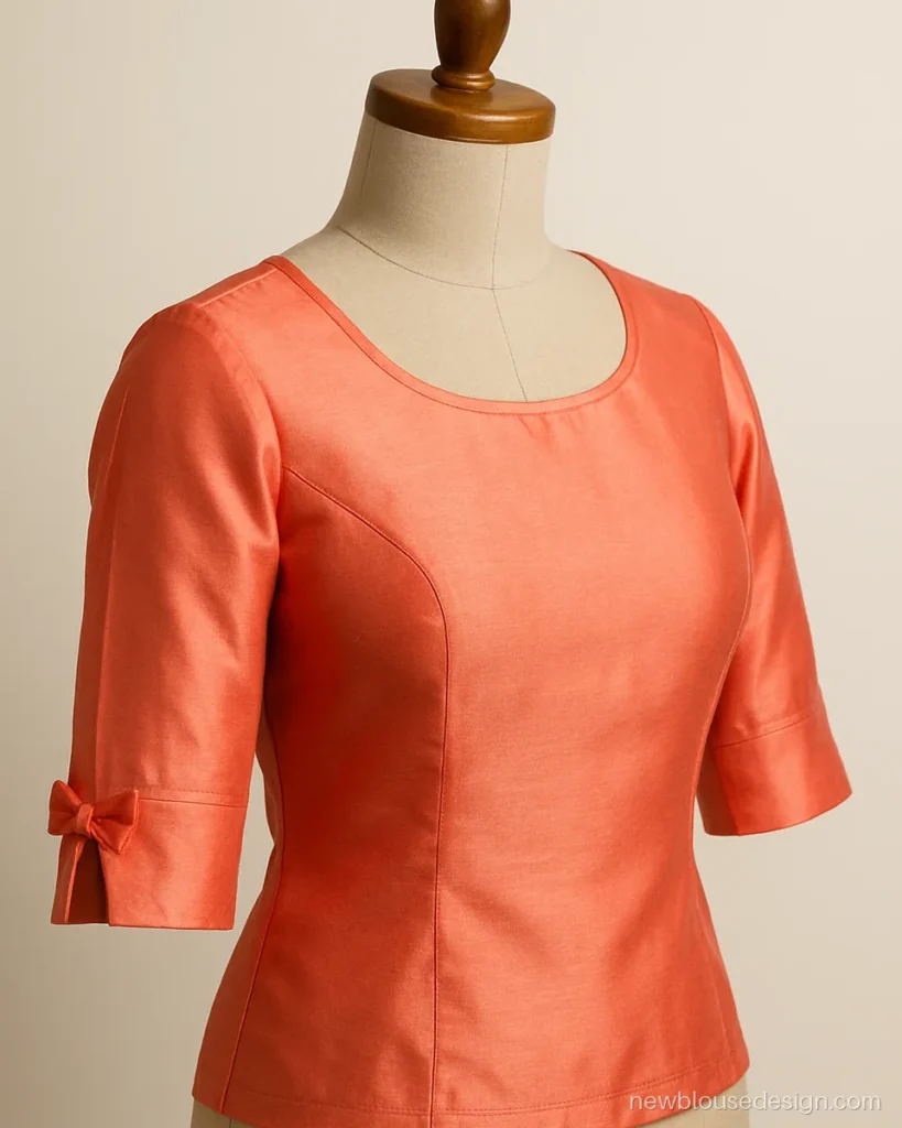 Coral silk blouse with elbow sleeves tied in small bows at the outer hem