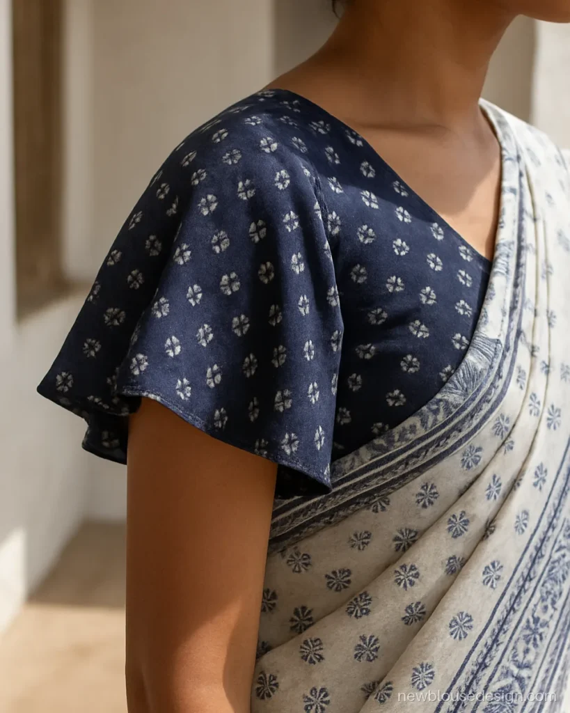 Indigo block print cotton blouse with short flutter sleeves