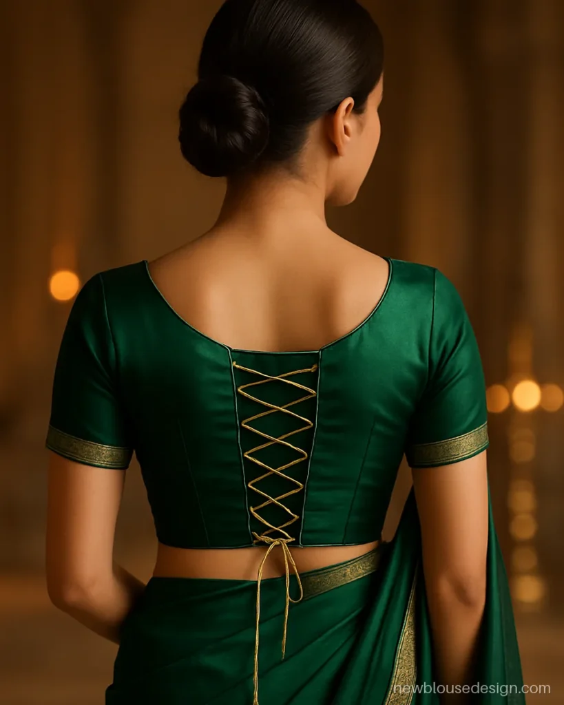 Emerald satin blouse back with corset style dori lacing down the centre