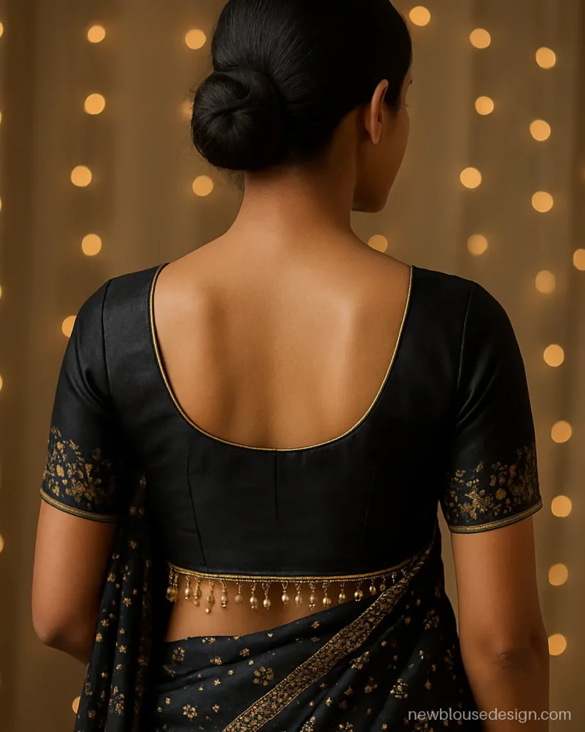 Jhalar blouse design photo in black with a bead fringe along the back hem