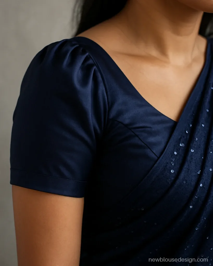 Navy satin blouse shoulder with a gathered drape held by a pearl brooch
