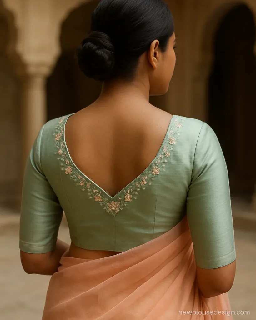 Mint blouse back with leaf shaped neck and thread embroidered border