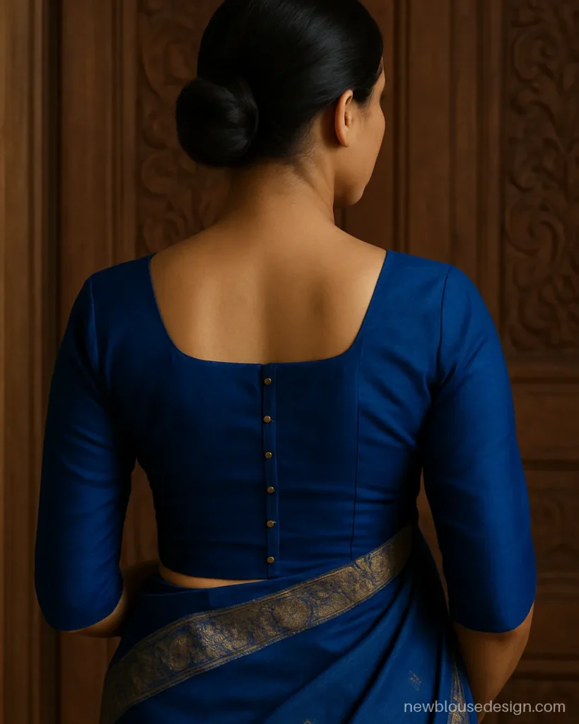 Royal blue blouse back with square neck and a row of gold hooks