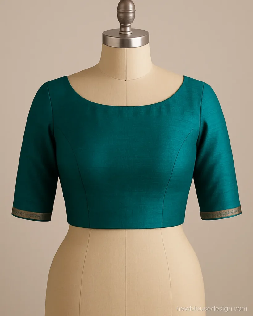 Teal raw silk boat neck blouse with three-quarter sleeves on a curvy dress form