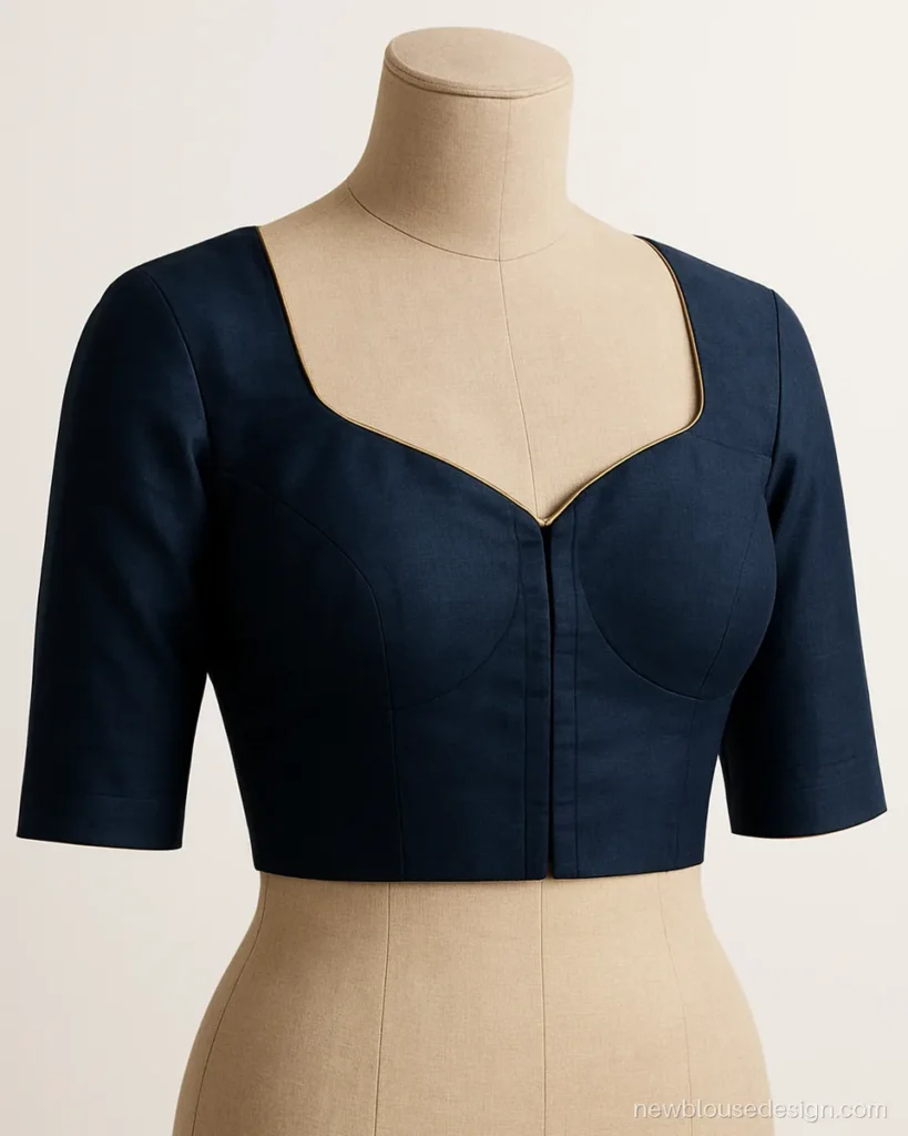 Navy cotton silk katori cut blouse with sweetheart neck for heavy bust support