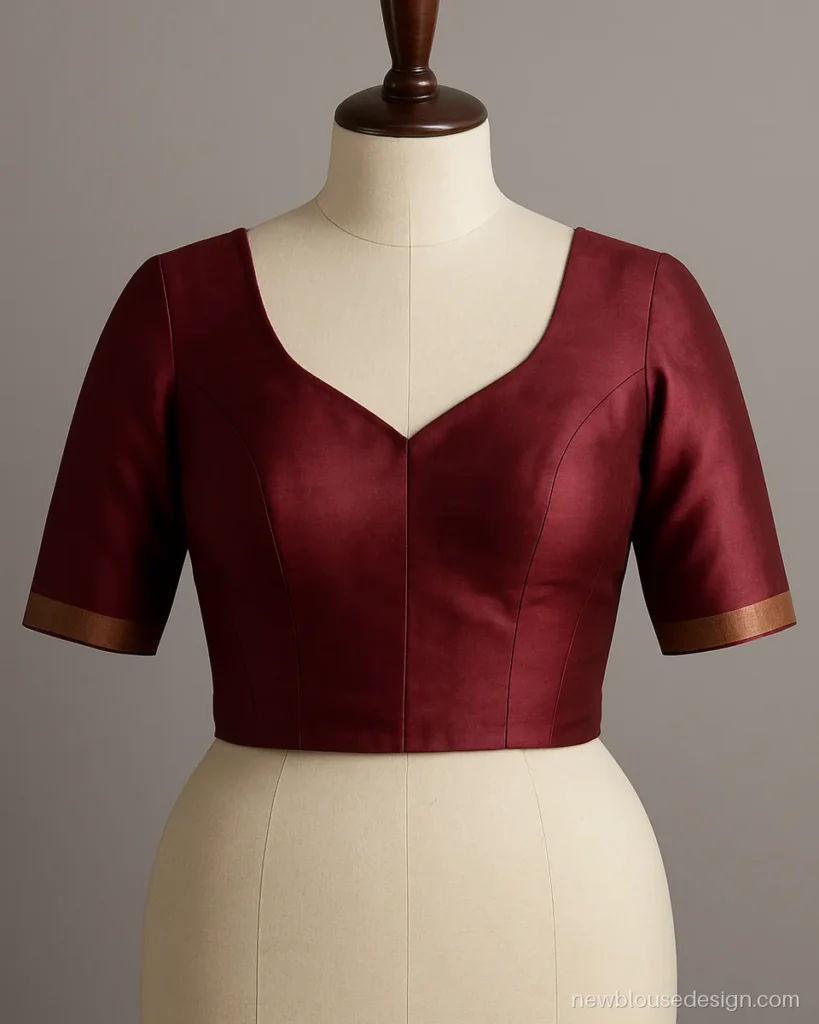 Maroon silk princess cut blouse with V neck and wide straps on a dress form