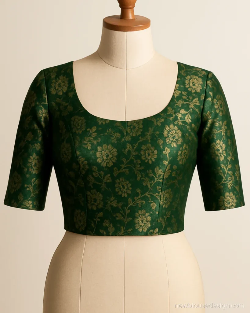 Green brocade blouse with deep round neck and elbow sleeves on a dress form