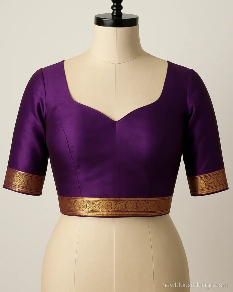 Purple silk blouse with gentle sweetheart neck and gold border at the hem