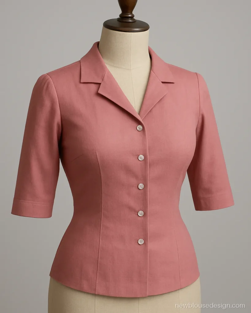 Pink cotton blouse with notched V collar and elbow sleeves on a dress form