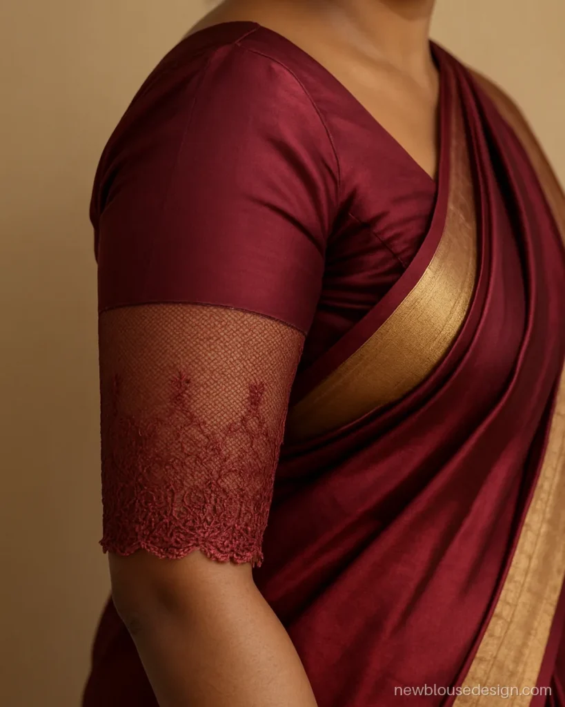 Wine silk blouse with sheer net elbow sleeves and scalloped lace hem
