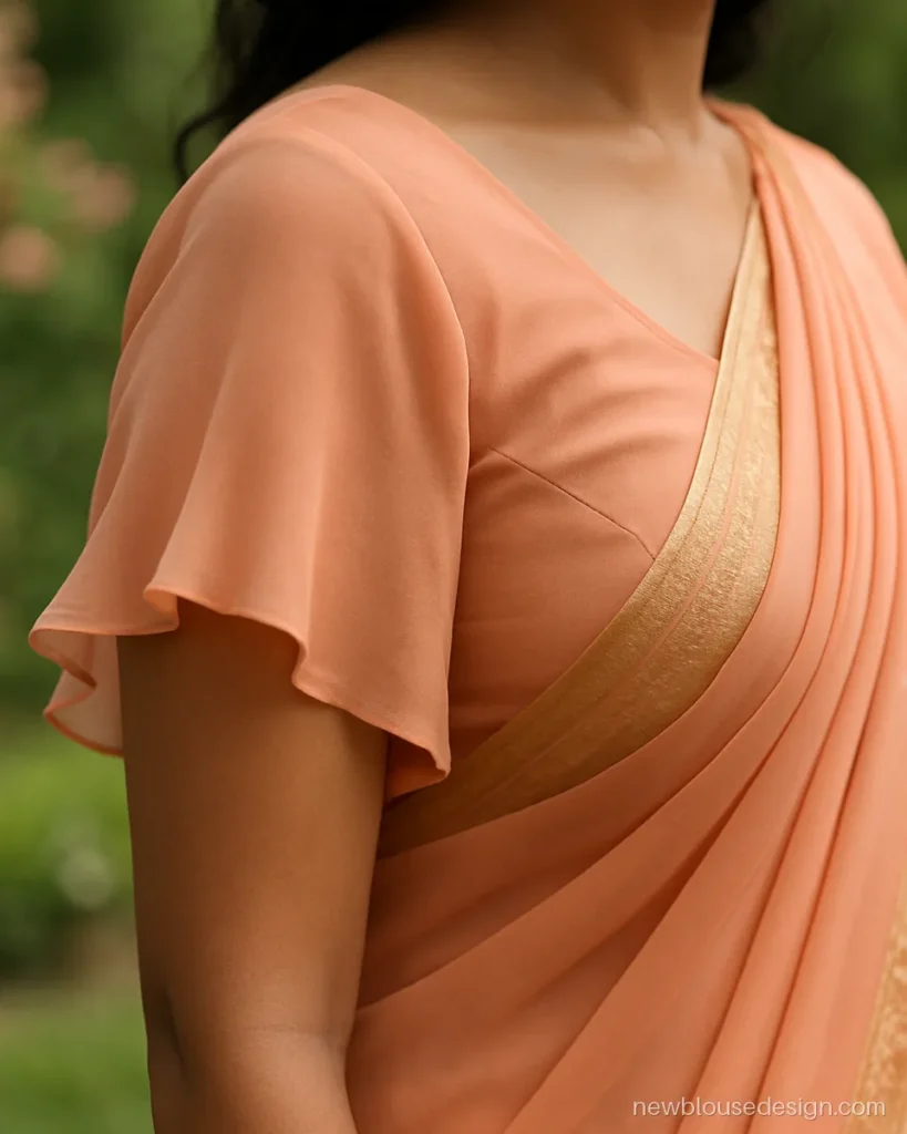 Peach georgette blouse with soft flutter sleeves falling over the upper arm