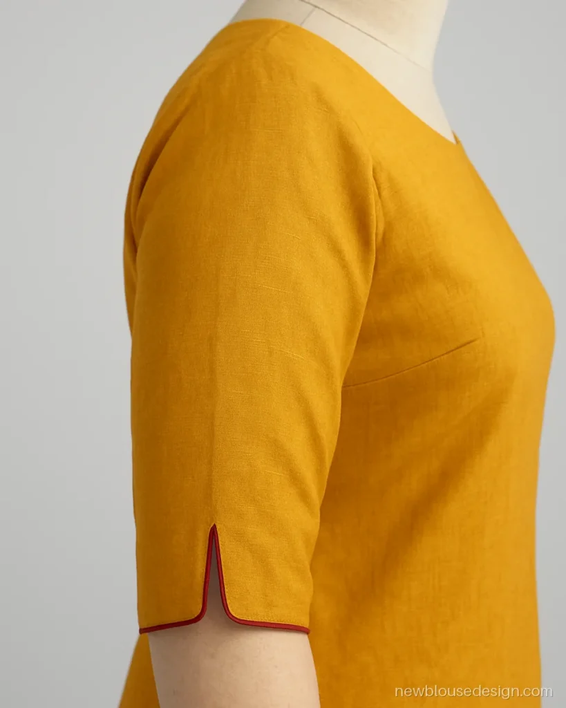 Mustard cotton blouse with straight three-quarter sleeves and a side slit