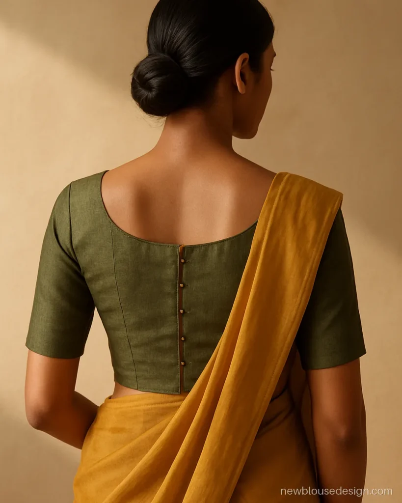 Olive green princess cut blouse back with boat neck and visible back hooks