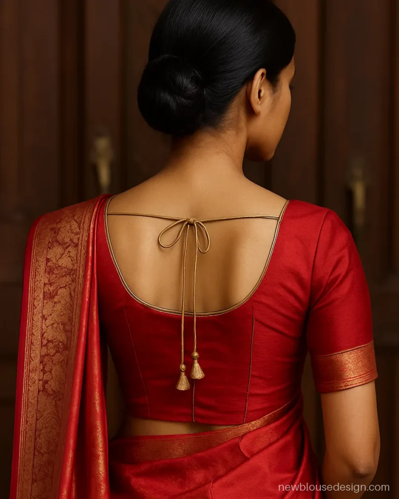 Princess cut blouse back design in red silk with deep round neck and gold dori