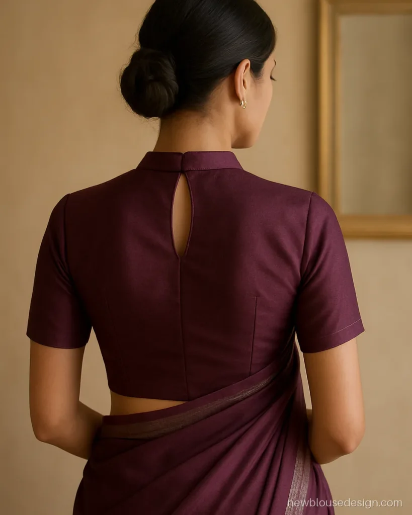 Plum silk princess cut blouse back with Chinese collar and keyhole opening