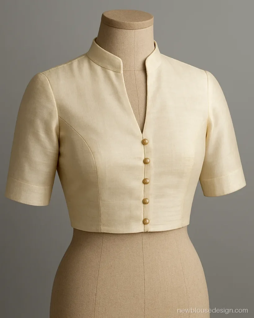 Ivory princess cut blouse with half mandarin collar and gold buttons