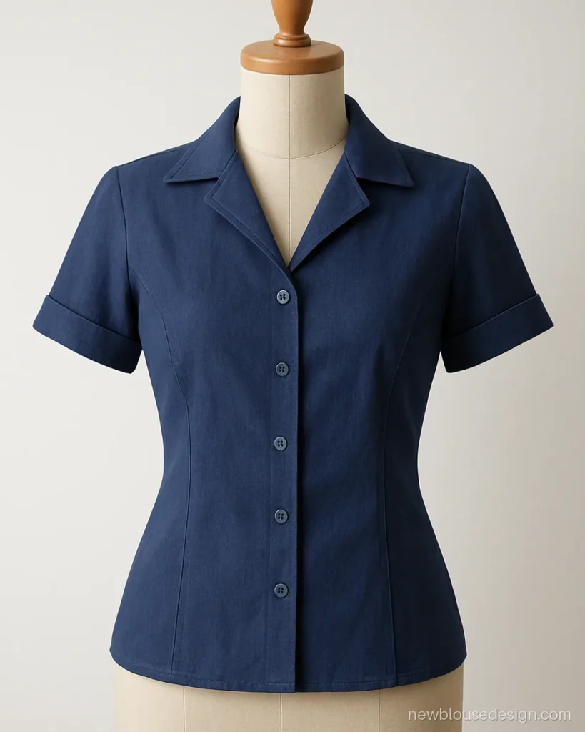 Indigo princess cut blouse with shirt collar and short sleeves for cotton saree