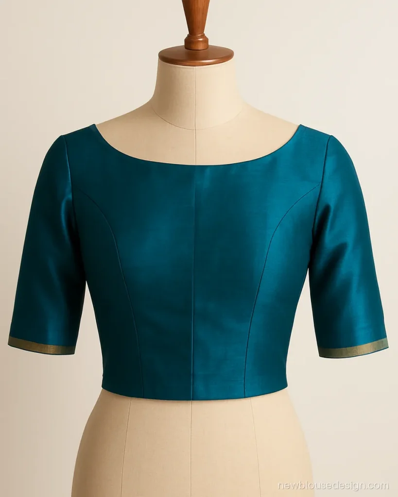 Peacock blue princess cut blouse with trendy boat neck front and elbow sleeves