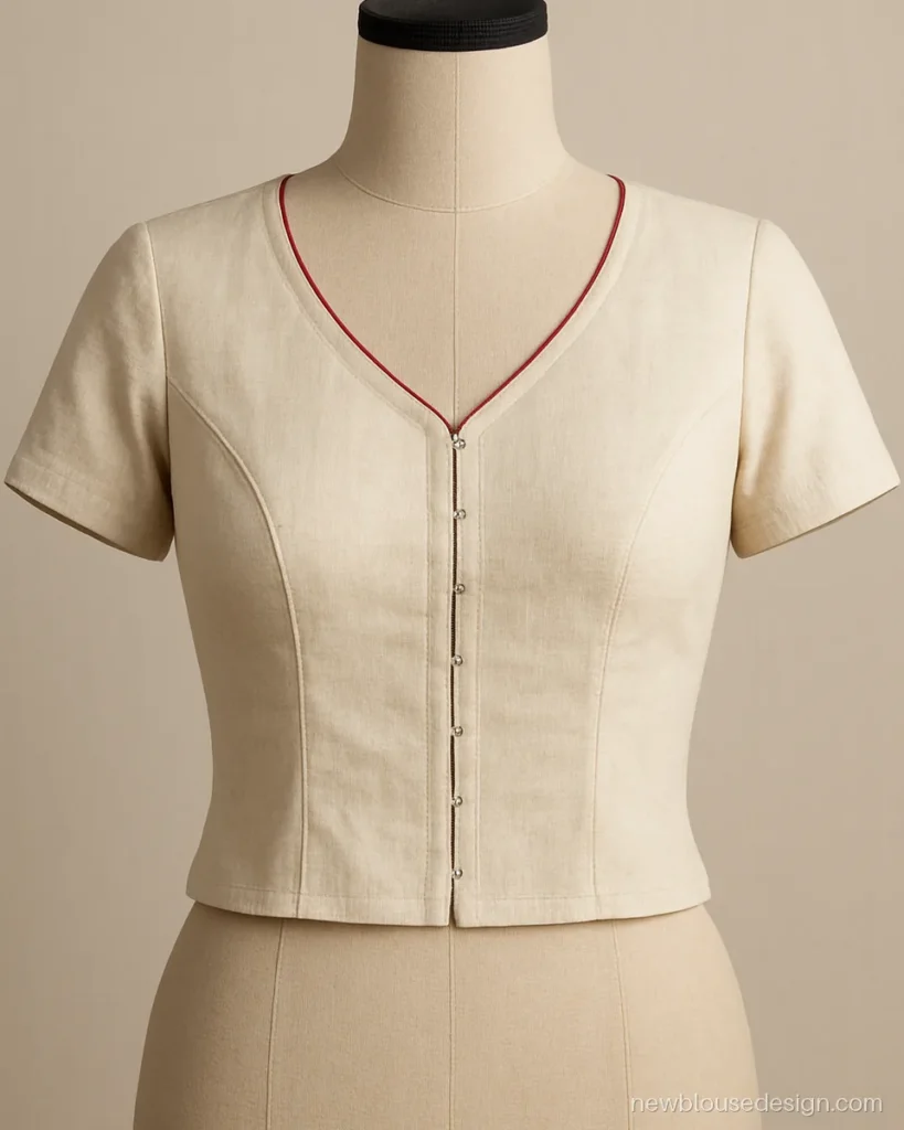 Cream cotton princess cut blouse with V neck and front hook opening
