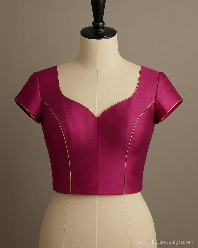 Princess cut blouse front design in magenta silk with sweetheart neck and gold piping on seams
