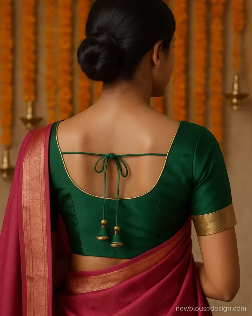 Green katori blouse back design with U neck and tassel dori