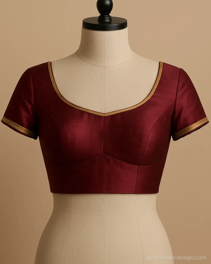 Maroon katori cut blouse front with padded cups and gold border on dress form