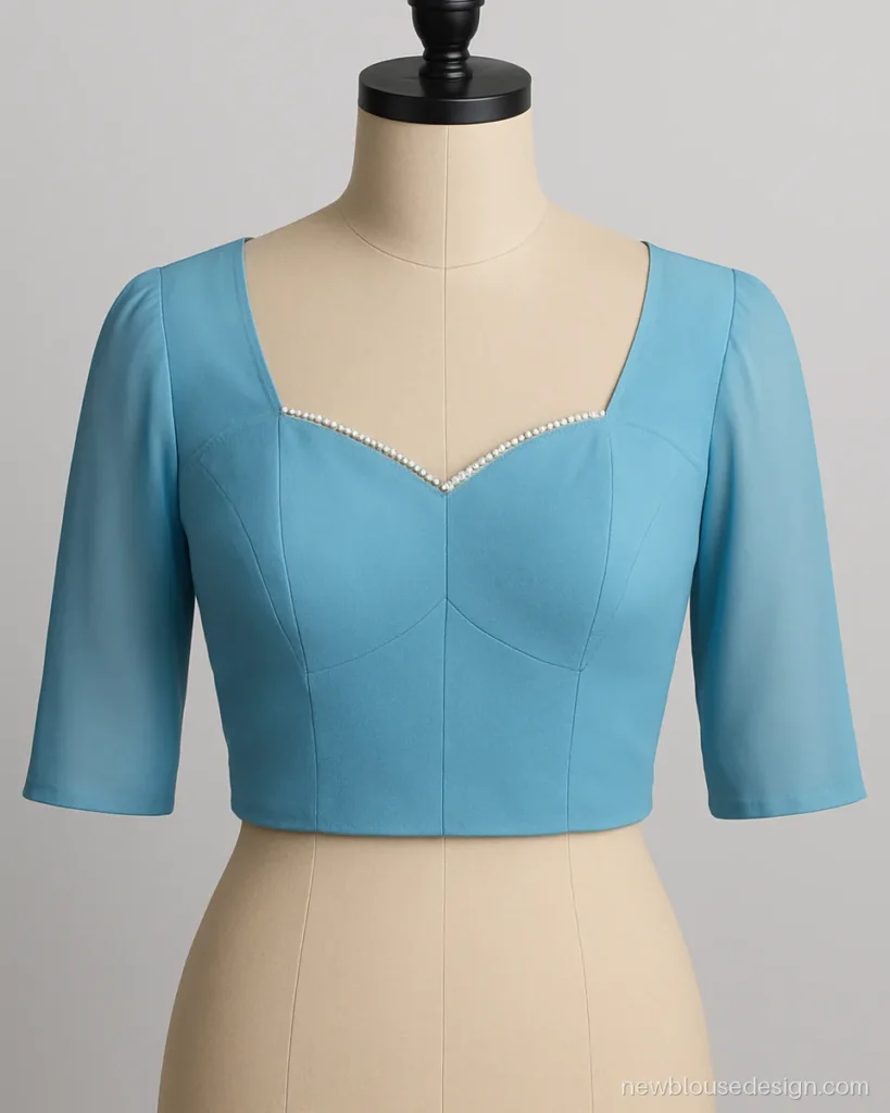 Sky blue katori cut blouse with sweetheart neck and pearl trim three-quarter view