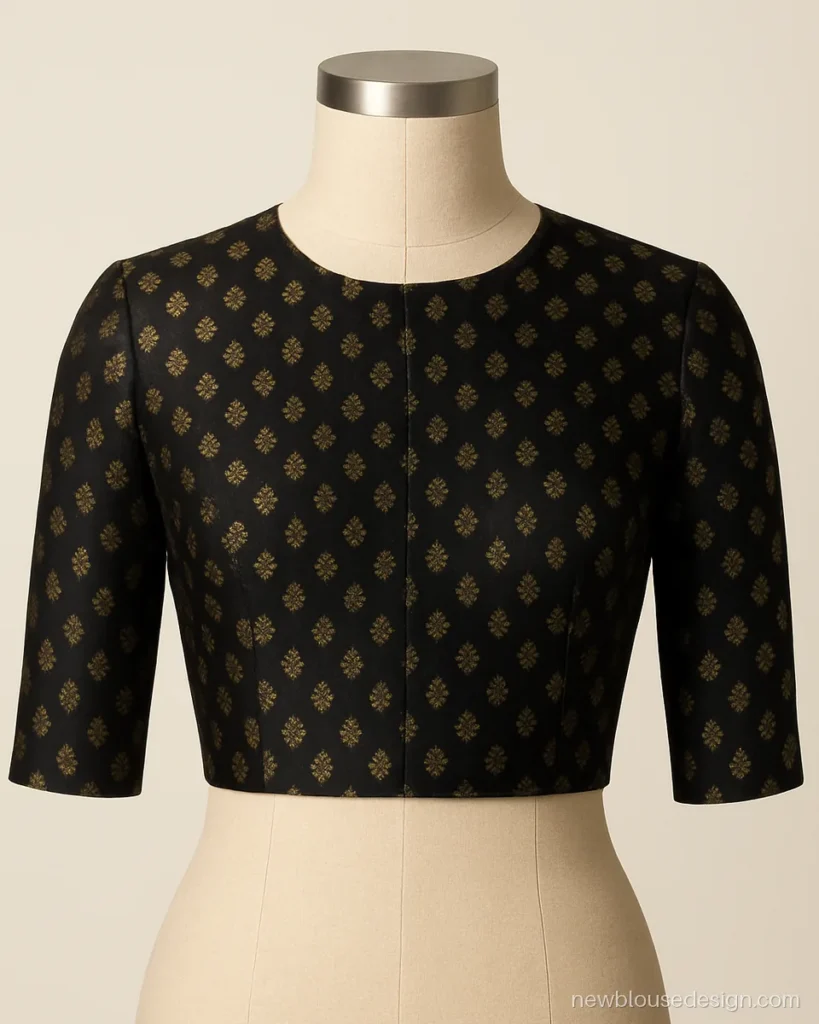 Black Banarasi princess cut blouse with high round neck and zari butis on a dress form